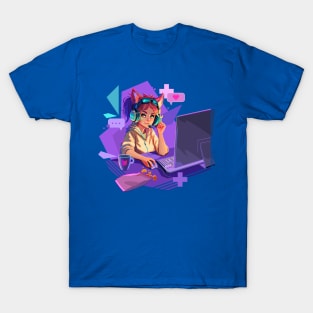 Girl gamer with a cat ears headset T-Shirt